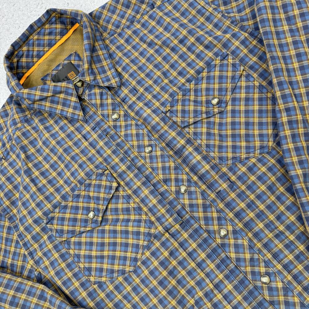 5.11 Tactical Shirt Mens Large Blue Yellow Plaid Snap Front Long Sleeve